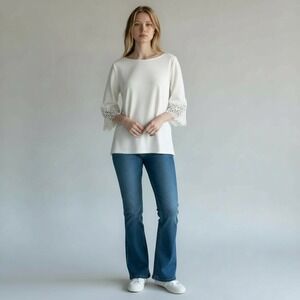 Ann Taylor Lace Cuff Bell Sleeve Tunic Crepe Women S Cream‎ Boho Cottagecore